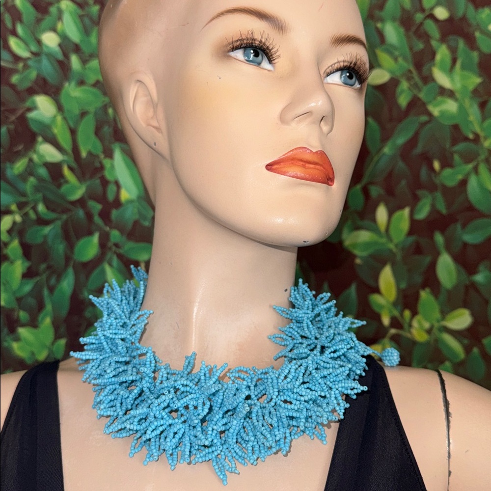 Blue Coral Designed Glass Beaded Fringe Necklace - Picture 13 of 15